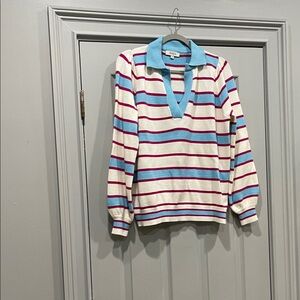 AVARA  V-Neck Striped Sweater - Blue, Red, and Cream